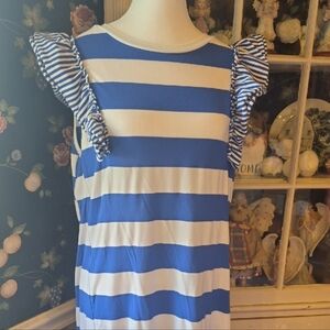 Blue and White Striped Ruffle Sleeve Casual Dress